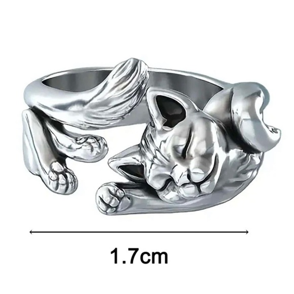 ❀ 925 Adjustable Silver Sleepy Kitty Cat Cuff Ring - Picture 4 of 4